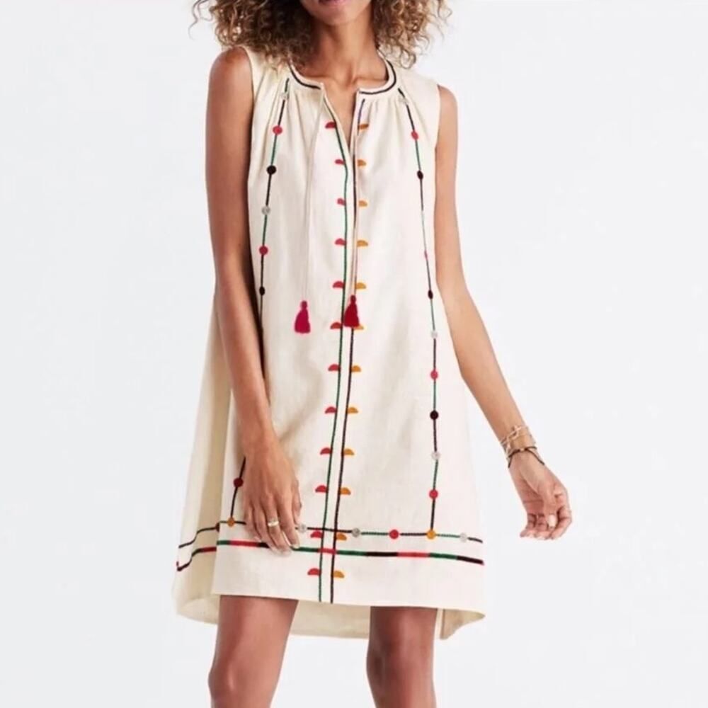 Madewell White Ivory Embroidered Shift Dress (Large)